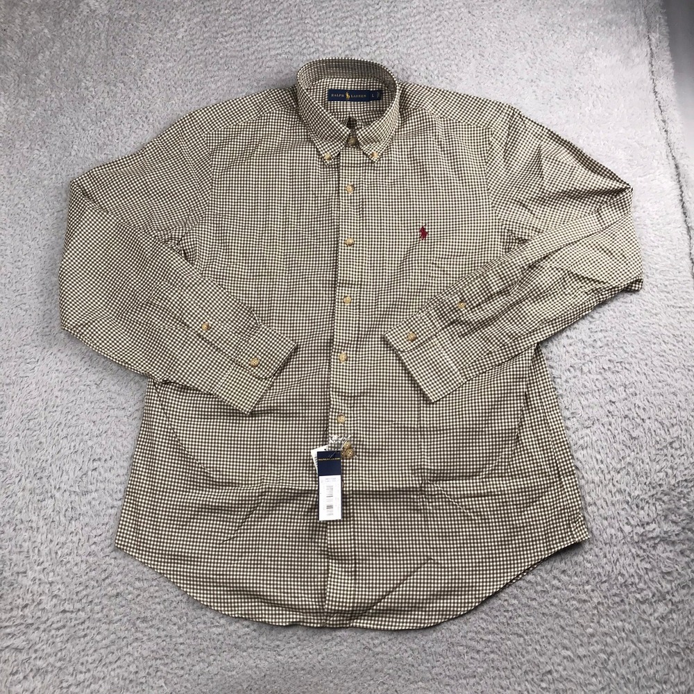 Ralph Lauren Button Down Shirt Mens L Brown Gingham Plaid Cotton Long Sleeve NEW